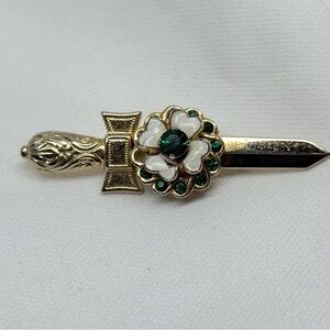 Vintage Coro Sword Brooch with Enamel Flower and Green Rhines Circa 1960s